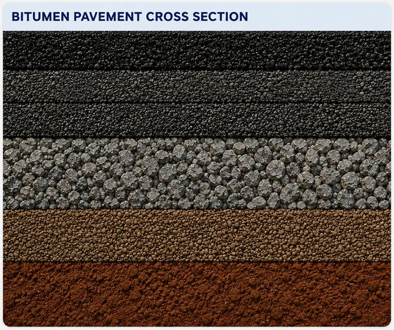 Bitumen pavement cross section — wearing course, binder course, base, sub-base and subgrade layers