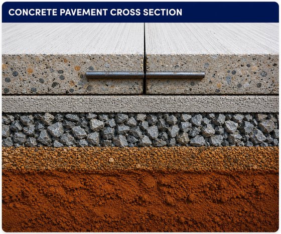 Concrete pavement cross section — PCC slab with dowel bar, DLC sub-base, granular layer and subgrade